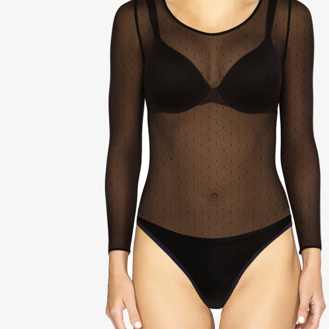 Body de tule transparente com plumeti